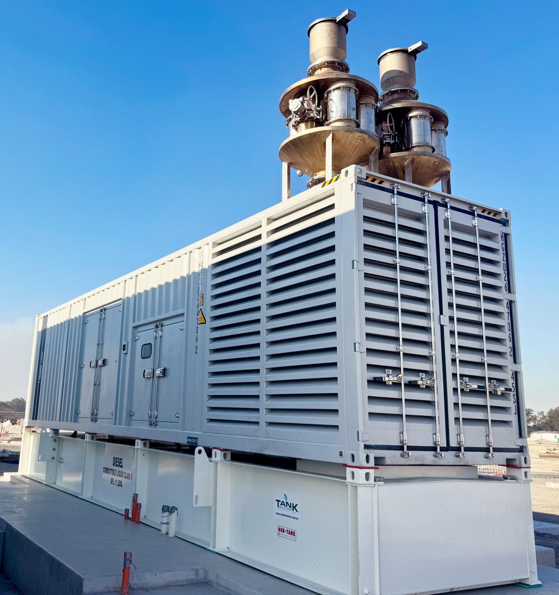 Tank Solutions generator base tank installed under a containerised diesel generator set at a data centre